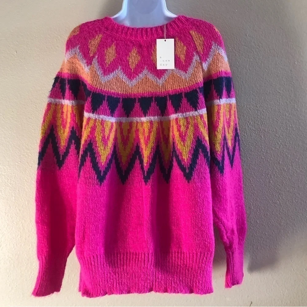 A New Day Barbiecore Fair Isle Crew Neck Fuzzy Pullover Sweater Knit Plus Sz 2XL